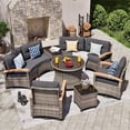 thumbnail image 1 of MEISSALIVVE 9-Piece Outdoor Patio Furniture Set, Half-Moon Curved Rattan, 2 Wood Armrest Swivel Chairs, Round Coffee Table & Side Tables(Gray), 1 of 10