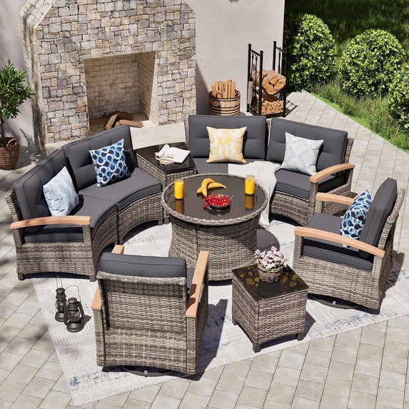 MEISSALIVVE 9-Piece Outdoor Patio Furniture Set, Half-Moon Curved Rattan, 2 Wood Armrest Swivel Chairs, Round Coffee Table & Side Tables(Gray)