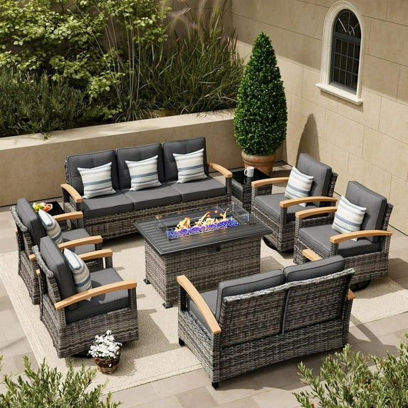 MEISSALIVVE 9 Pieces Patio Furniture Sets with Fire Pit Table, Wicker Outdoor Conversation Sets with 4 Swivel Rocker Chairs, 2 Sofas and Side Table(Grey)