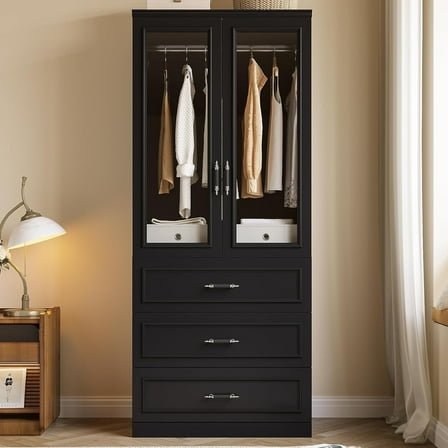 MEISSALIVVE Wardrobe Closet with 2 Doors and 3 Drawers, 74.8" Freestanding Armoire Storage Cabinet, Large Modern Bedroom Wardrobe, Black