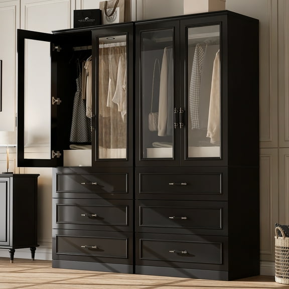 MEISSALIVVE Wardrobe Closet with 4 Doors and 6 Drawers, 74.8" Freestanding Armoire Storage Cabinet, Large Modern Bedroom Wardrobe, Black