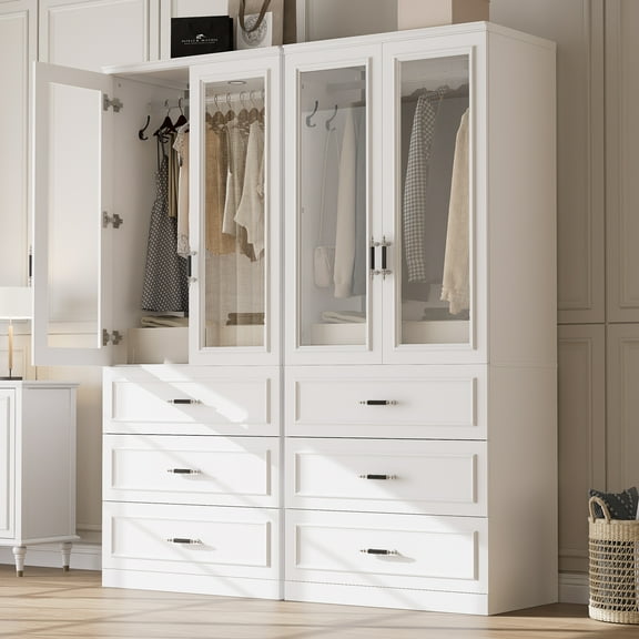 MEISSALIVVE Wardrobe Closet with 4 Doors and 6 Drawers, 74.8" Freestanding Armoire Storage Cabinet, Large Modern Bedroom Wardrobe, White
