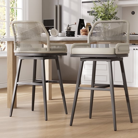 MEISSALIVVE Set of 2 Rattan Swivel Bar Stools, 30" Counter Height with Woven Rope Back, Cushioned Patio Bar Chairs for Kitchen, Garden, Beige