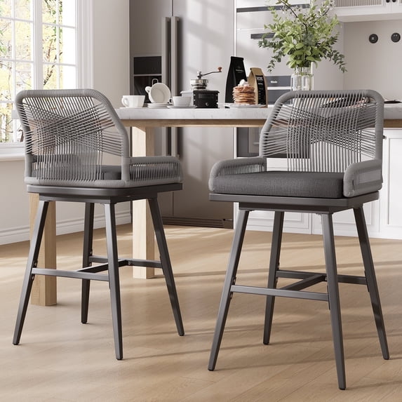 MEISSALIVVE Set of 2 Rattan Swivel Bar Stools, 26" Counter Height with Woven Rope Back, Cushioned Patio Bar Chairs for Kitchen, Garden, Gray