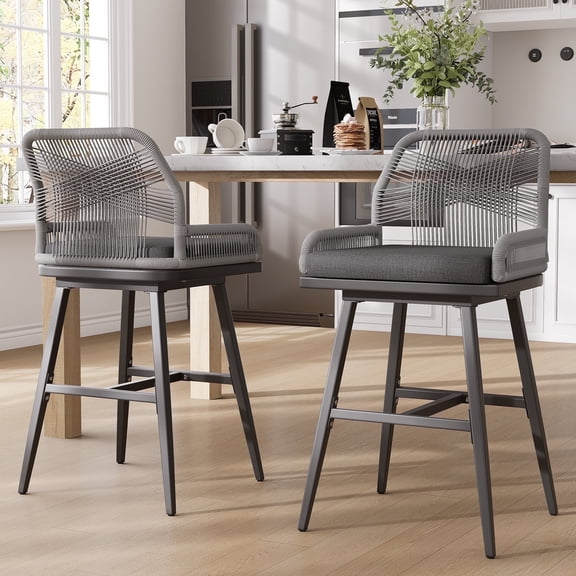 MEISSALIVVE Set of 2 Rattan Swivel Bar Stools, 26" Counter Height with Woven Rope Back, Cushioned Patio Bar Chairs for Kitchen, Garden, Gray