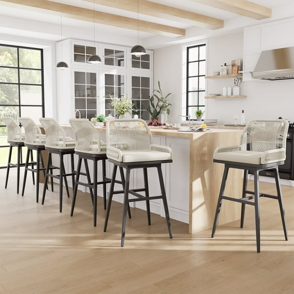 MEISSALIVVE Set of 6 Rattan Swivel Bar Stools, 30" Counter Height with Woven Rope Back, Cushioned Patio Bar Chairs for Kitchen, Garden, Beige