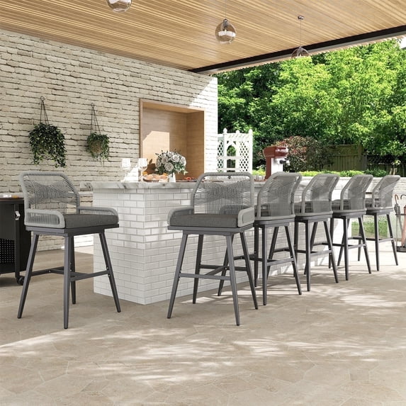 MEISSALIVVE Set of 6 Rattan Swivel Bar Stools, 26" Counter Height with Woven Rope Back, Cushioned Patio Bar Chairs for Kitchen, Garden, Gray