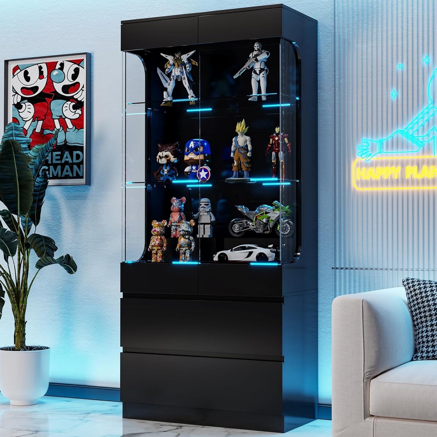 MEISSALIVVE Black Glass Display Cabinet with 2 Drawers, 3 - Tier Curio ...