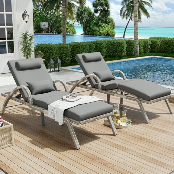 MEISSALIVVE 2-Piece Outdoor Lounge Chairs, Pool Chairs with Adjustable 5 Position Backrest , PE Rattan Chaise for Backyard Porch Deck (Gray)