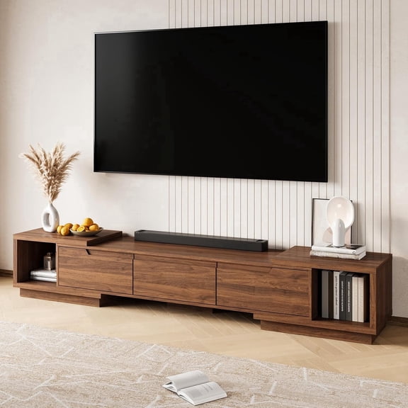 MEISSALIVVE Extendable TV Stand for Up to 110 Inch TV, Modern Entertainment Center with 3 Drawers & 2 Storage Compartments, Adjustable Length 65"-103", Walnut