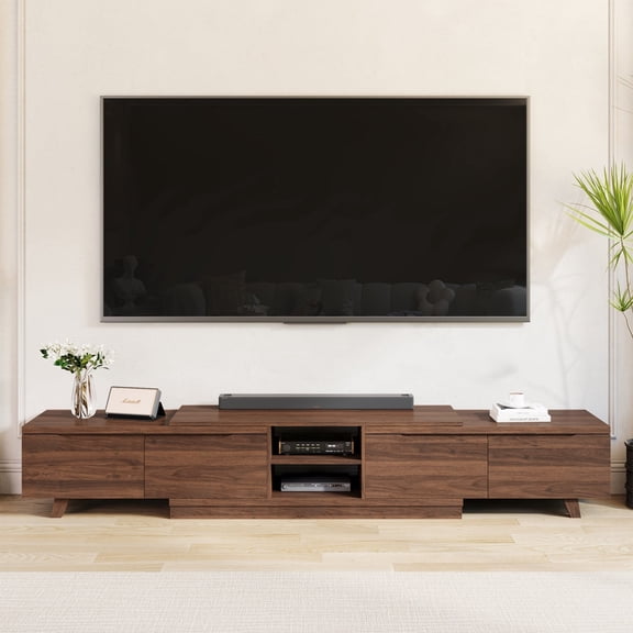 MEISSALIVVE Extendable TV Stand for Up to 120 Inch TV, Modern Entertainment Center with 4 Drawers & 2 Storage Compartments, Adjustable Length 95"-121", Walnut