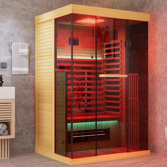 MEISSALIVVE Full Spectrum Infrared Sauna,1-2 Person Home Sauna,Wooden Canadian Hemlock Indoor Spa Sauna with Resonance Speaker, Panoramic Tempered Glass Door