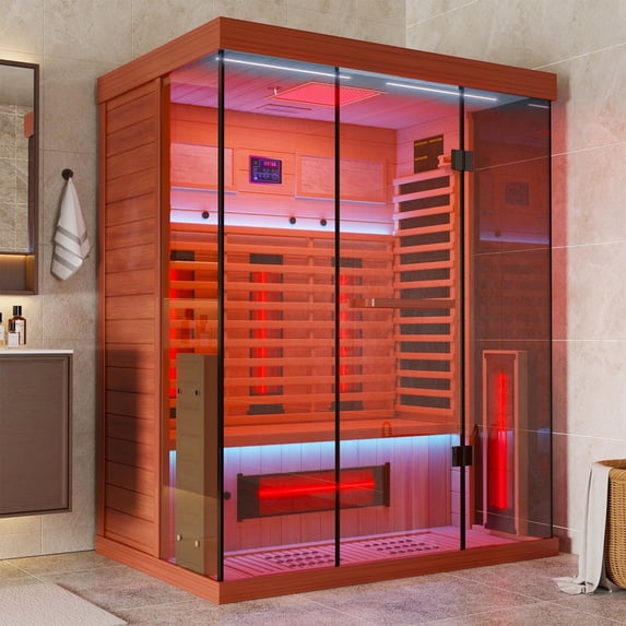 MEISSALIVVE Full Spectrum Infrared Sauna,2-3 Person Home Sauna,Red Cedar Indoor Sauna with Resonance Speaker, Panoramic Tempered Glass Door
