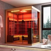 MEISSALIVVE Full Spectrum Infrared Sauna，3-4 Person Home Sauna，Wooden Canadian Hemlock Luxury Indoor Spa Sauna with Resonance Speaker, Panoramic Tempered Glass Door