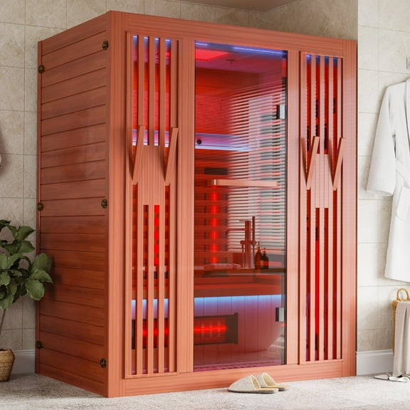 MEISSALIVVE Full Spectrum Sauna for Home,2~3 Person Indoor Infrared Sauna Room with 10 Minutes Warm-up Heate,,Red Cedar Home Sauna with Bluetooth. and Tempered Glass