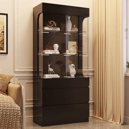 MEISSALIVVE Black Glass Display Cabinet with 2 Drawers