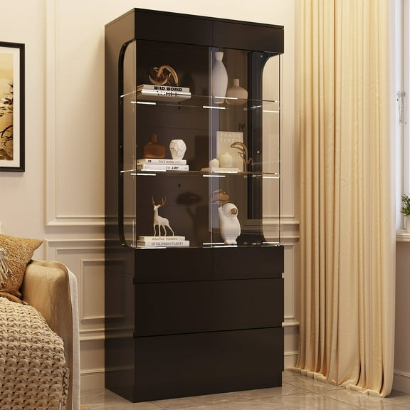 MEISSALIVVE Black Glass Display Cabinet with 2 Drawers