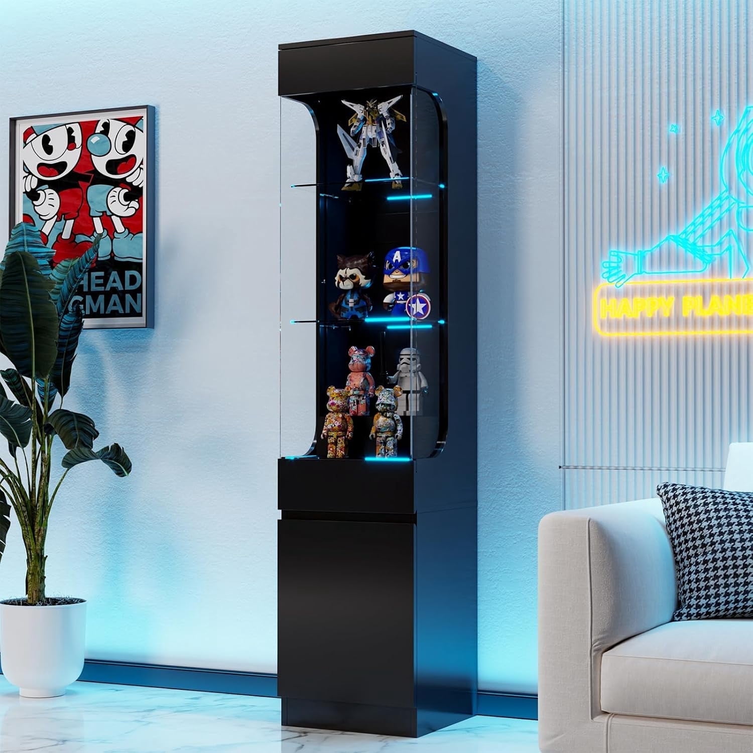 MEISSALIVVE Black Glass Display Cabinet, 3 - Tier Curio Cabinet with 7 ...