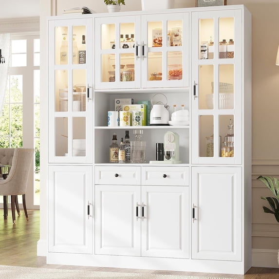 MEISSALIVVE 78.7" Kitchen Pantry Cabinet with Glass Doors & LED Lights, Freestanding Storage Hutch with Shelves, White Pantry Cupboard, 62.99" W x 15.7" D