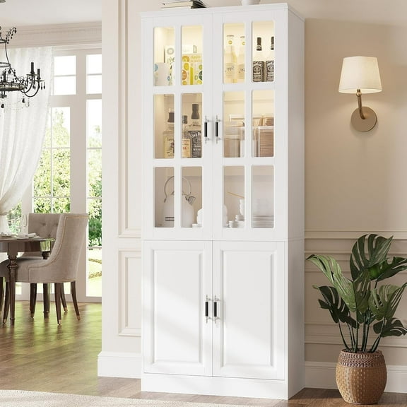 MEISSALIVVE 78.7" Kitchen Pantry Cabinet with Glass Doors & LED Lights, Freestanding Storage Hutch with Shelves, White Pantry Cupboard, 31.5" W x 15.7" D