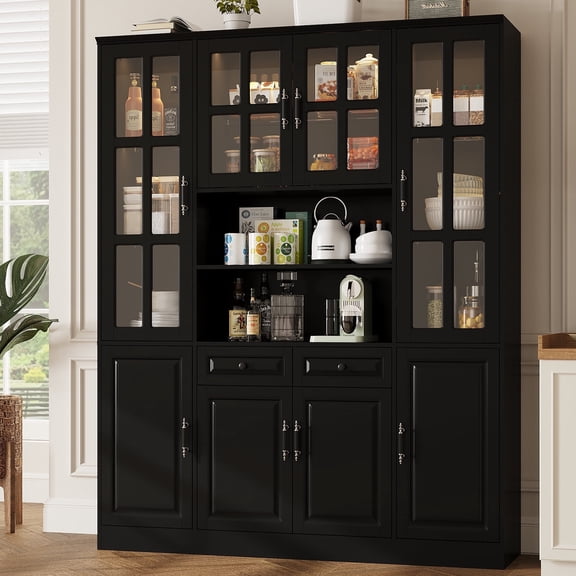 MEISSALIVVE 78.7" Kitchen Pantry Cabinet with Glass Doors & LED Lights, Freestanding Storage Hutch with Shelves, Black Pantry Cupboard, 62.99" W x 15.7" D