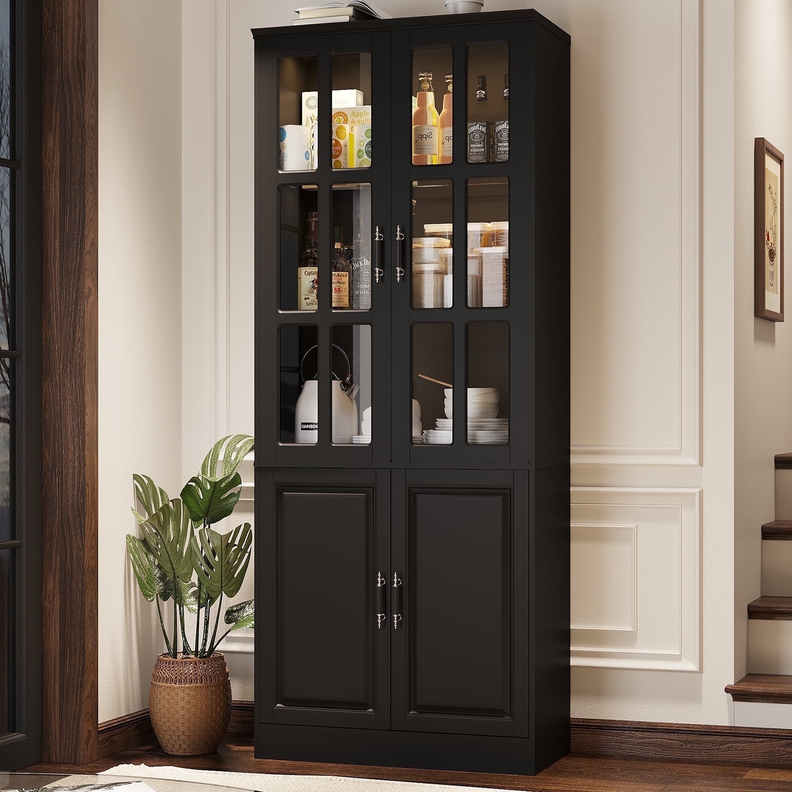 MEISSALIVVE 78.7" Kitchen Pantry Cabinet with Glass Doors & LED Lights, Freestanding Storage Hutch with Shelves, Black Pantry Cupboard, 31.5" W x 15.7" D
