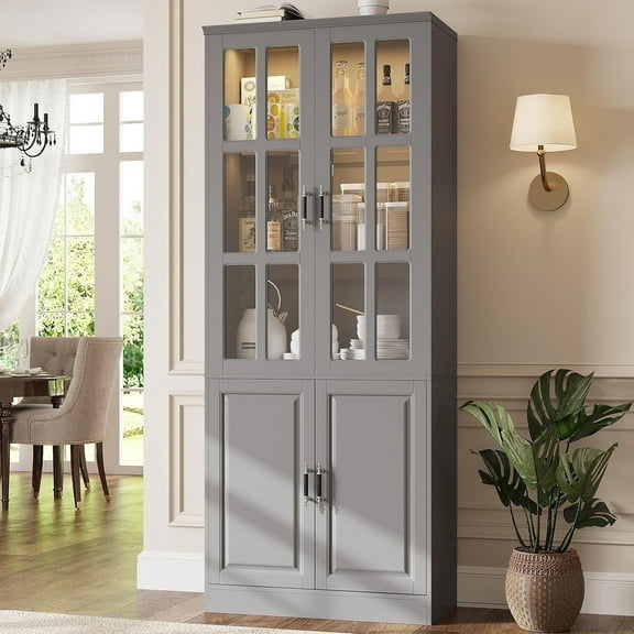 MEISSALIVVE 78.7" Kitchen Pantry Cabinet with Glass Doors & LED Lights, Freestanding Storage Hutch with Shelves, Gray Pantry Cupboard, 31.5" W x 15.7" D