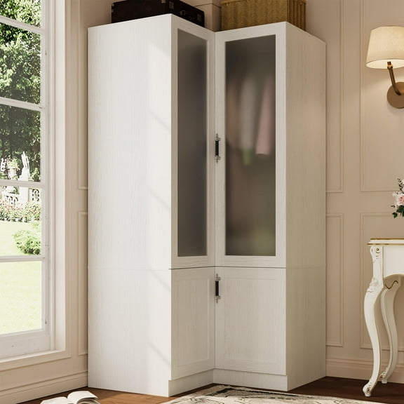 MEISSALIVVE Modern L-Shaped Wardrobe Closet with Frosted Glass Door, 70.9''H White Wood Grain Armoire with Hanging Rod and Adjustable Shelves for Bedroom