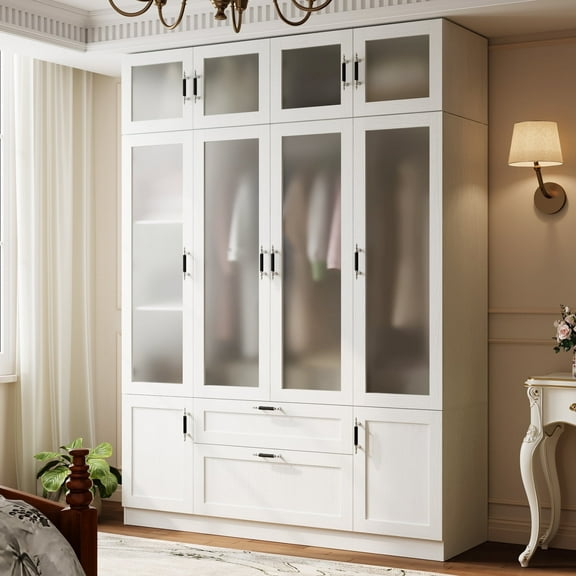 MEISSALIVVE Modern 6-Door Armoire Wardrobe Closet with Frosted Glass, 85.9''H, Hanging Rod, 2 Drawers, Top Cabinets, Wood Grain, White Bedroom Storage