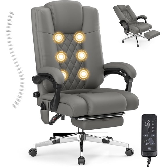 MEISSALIVVE Massage Executive Office Chair with Footrest, Big and Tall Office Chair, Ergonomic High Back Leathaire Computer Chair with Adjustable Lumbar Support & Back Height (Gray)