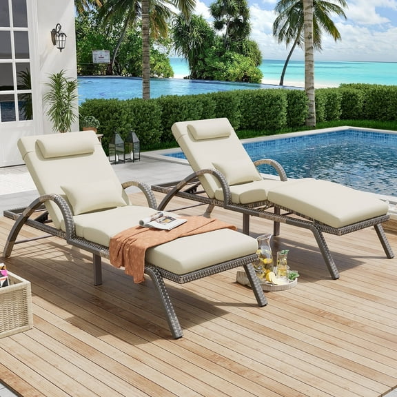 MEISSALIVVE 2-Piece Outdoor Lounge Chairs, Pool Chairs with Adjustable 5 Position Backrest , PE Rattan Chaise for Backyard Porch Deck (Brown)