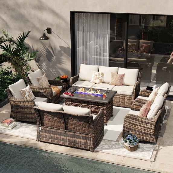 MEISSALIVVE Outdoor Patio Furniture Set with 43" Fire Pit Table, 9 Pieces Wicker Patio Conversation Set with Swivel Chairs, Outdoor Patio Set for Lawn Backyard Porch (Brown)