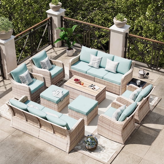 MEISSALIVVE Outdoor Patio Furniture Set with Swivel Chair, 10 Pieces Patio Conversation Set, Patio Sectional Furniture Set with 2 Three-seat sofa, 2 Fixed Single Chair and Coffee Table (Blue)