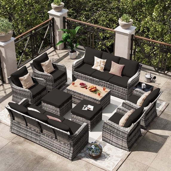 MEISSALIVVE Outdoor Patio Furniture Set with Swivel Chair, 10 Pieces Patio Conversation Set, Patio Sectional Furniture Set with 2 Three-seat sofa, 2 Fixed Single Chair and Coffee Table (Black)