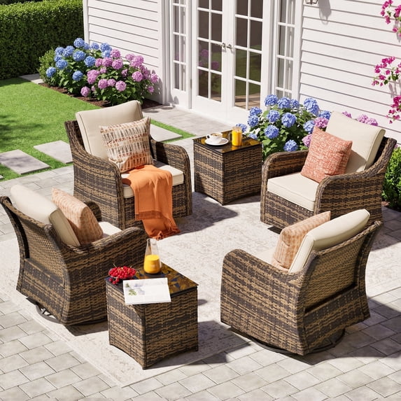 MEISSALIVVE Outdoor Patio Furniture Set with Swivel Chair, 6 Pieces Patio Conversation Set, Patio Sectional Furniture Set with 4 Swivel Rocker Patio Chair and 2 Side Table (Beige)