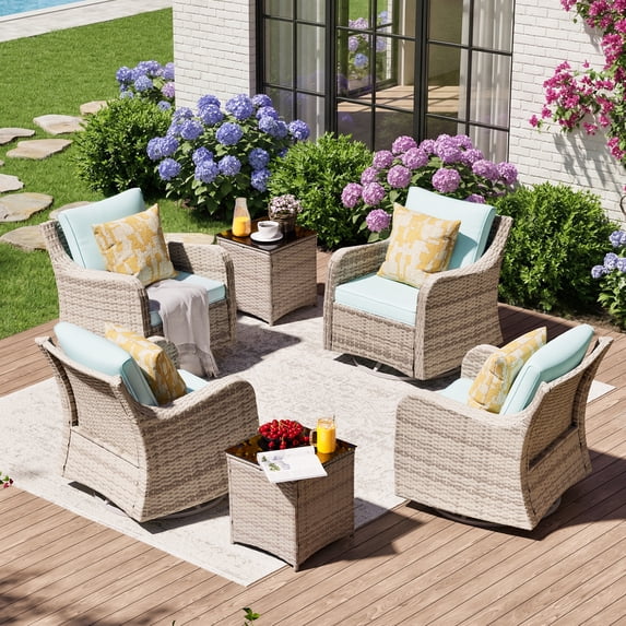 MEISSALIVVE Outdoor Patio Furniture Set with Swivel Chair, 6 Pieces Patio Conversation Set, Patio Sectional Furniture Set with 4 Swivel Rocker Patio Chair and 2 Side Table (Blue)