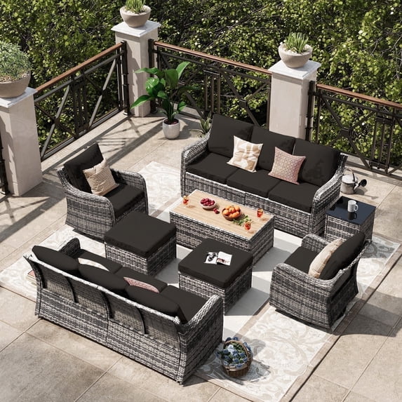 MEISSALIVVE Outdoor Patio Furniture Set with Swivel Chair, 8 Pieces Patio Conversation Set, Patio Sectional Furniture Set with 2 Three-seat sofa, 2 Ottomans and Coffee Table (Black)