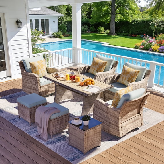 MEISSALIVVE 8 Pieces Patio Furniture Set with Dining Table, Outdoor Wicker Conversation Set with Swivel & Fixed Chairs, Wicker Armrest, 2 Ottomans, Blue