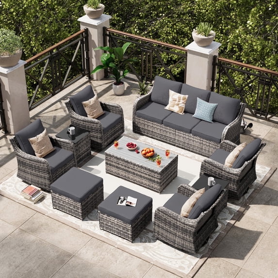 MEISSALIVVE Patio Furniture Set with Swivel Rocking Chairs, 10 Pieces Patio Conversation Set, Outdoor Wicker Sofa Couch with Waterproof Cushions for Lawn Backyard Porch (Gray)