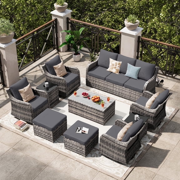 MEISSALIVVE Patio Furniture Set with Swivel Rocking Chairs, 10 Pieces Patio Conversation Set, Outdoor Wicker Sofa Couch with Waterproof Cushions for Lawn Backyard Porch (Gray)