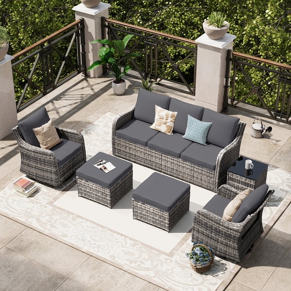 MEISSALIVVE Patio Furniture Set with Swivel Rocking Chairs, 6 Pieces Patio Conversation Set, Outdoor Wicker Sofa Couch with Waterproof Cushions for Lawn Backyard Porch (Gray)