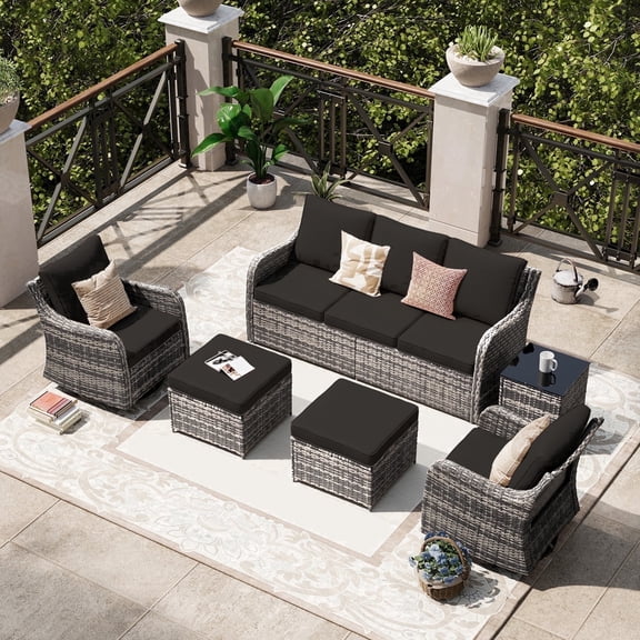 MEISSALIVVE Patio Furniture Set with Swivel Rocking Chairs, 6 Pieces Patio Conversation Set, Outdoor Wicker Sofa Couch with Waterproof Cushions for Lawn Backyard Porch (Black)
