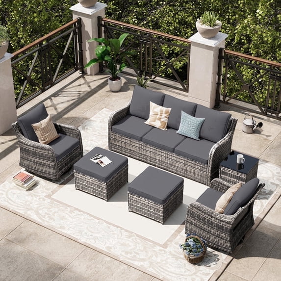 MEISSALIVVE Patio Furniture Set with Swivel Rocking Chairs, 6 Pieces Patio Conversation Set, Outdoor Wicker Sofa Couch with Waterproof Cushions for Lawn Backyard Porch (Gray)