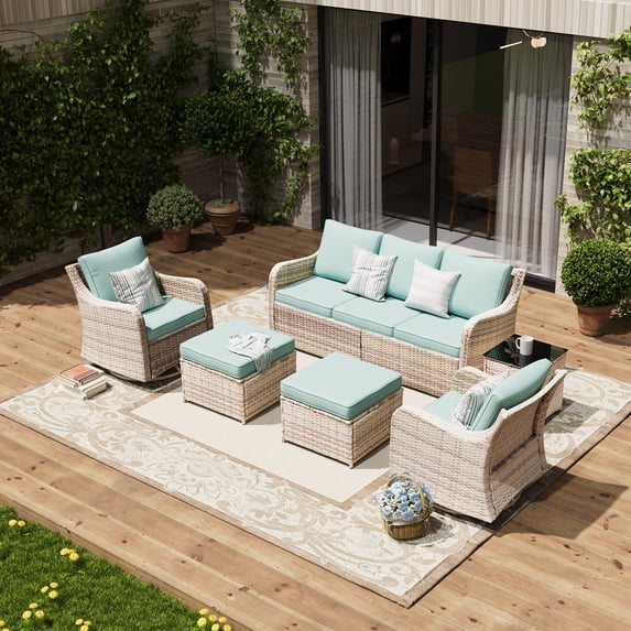 MEISSALIVVE Patio Furniture Set with Swivel Rocking Chairs, 6 Pieces Patio Conversation Set, Outdoor Wicker Sofa Couch with Waterproof Cushions for Lawn Backyard Porch (Blue)