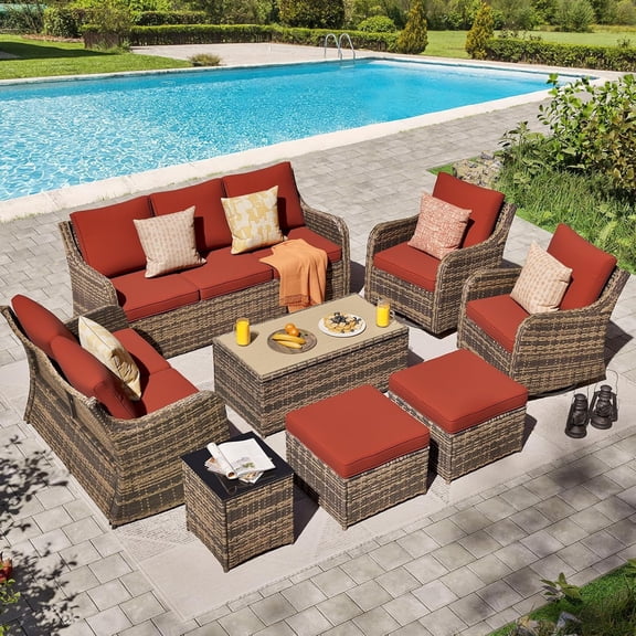 MEISSALIVVE Patio Furniture Set with Swivel Rocking Chairs, 8 Pieces Patio Conversation Set, Outdoor Wicker Sofa Couch with Waterproof Cushions for Lawn Backyard Porch (Red)