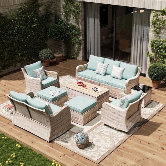 MEISSALIVVE Patio Furniture Set with Swivel Rocking Chairs, 8 Pieces Patio Conversation Set, Outdoor Wicker Sofa Couch with Waterproof Cushions for Lawn Backyard Porch (Blue)