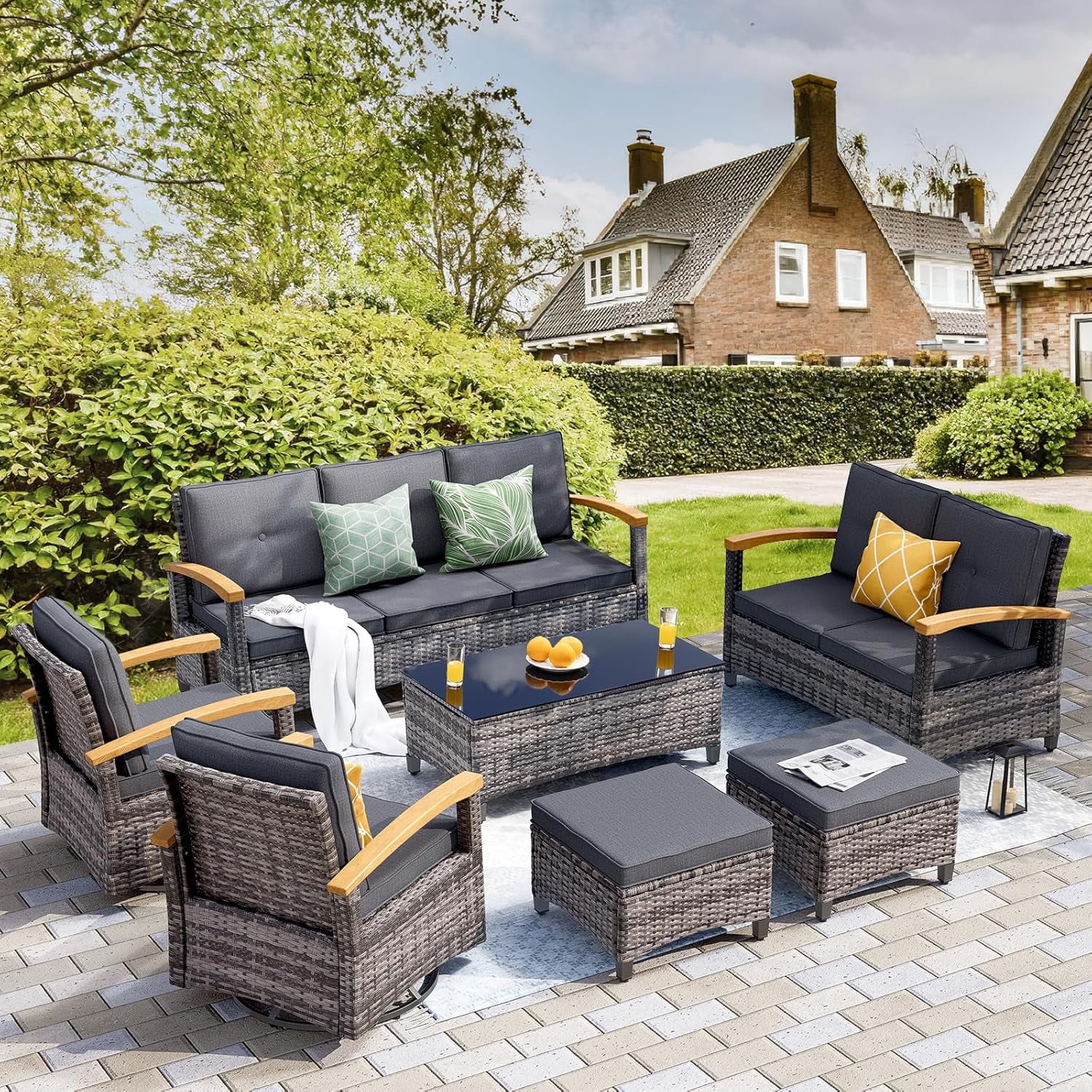 MEISSALIVVE Patio Furniture Sets 7 Pieces Outdoor Rattan Furniture Conversation Sets with 2 Wood Armrests Swivel Rocker Chairs 2 Ottoman 3 Seat Sofa 2 Seat Sofa and Coffee Table Grey Walmart