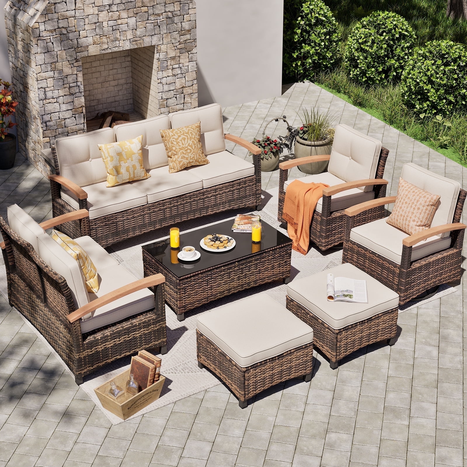 MEISSALIVVE Patio Furniture Sets, 7 Pieces Outdoor Rattan Furniture ...