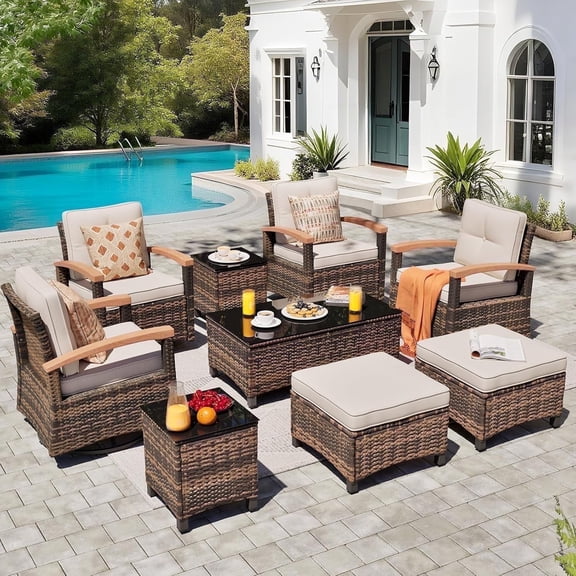 MEISSALIVVE 9 Pieces Outdoor Patio Furniture Sets,PE Wicker Patio Conversation Sets with 4 Wood Armrests Swivel Rocker Chairs,2 Ottoman and Coffee Table(Brown)