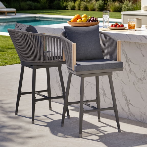 MEISSALIVVE Set of 2 Counter Height Swivel Stools, 24.4" H Rattan Woven Counter Stools with Wood Armrests, 360° Swivel Design for Kitchen, Bar and Living Area, Gray